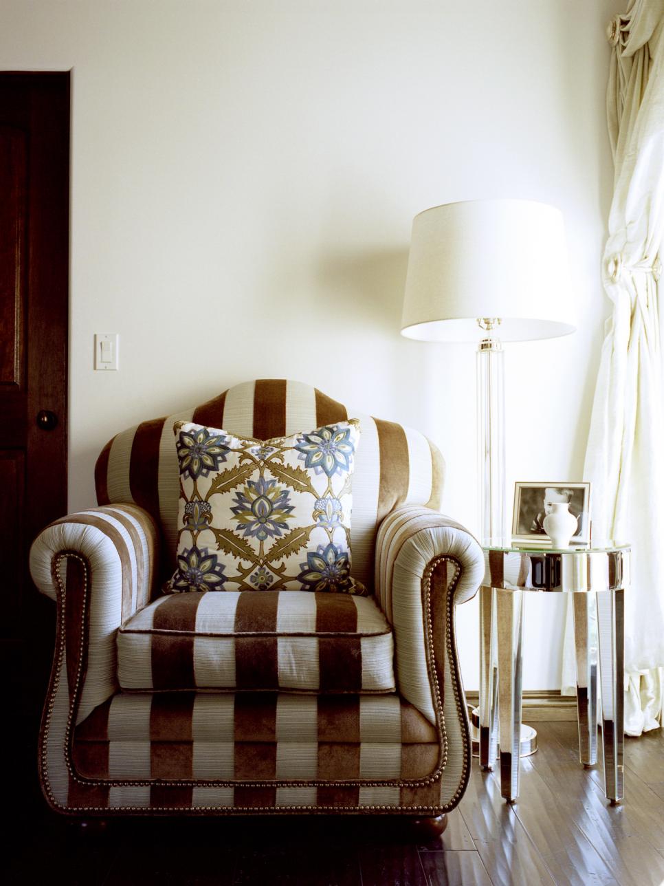 Transitional Sitting Room With Brown Striped Chair