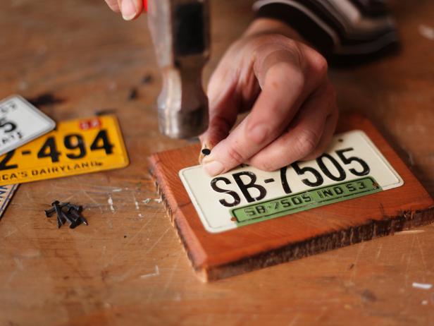 Nailing Miniature License Plates to Custom Coasters Wood Coasters With License Plate Decoration