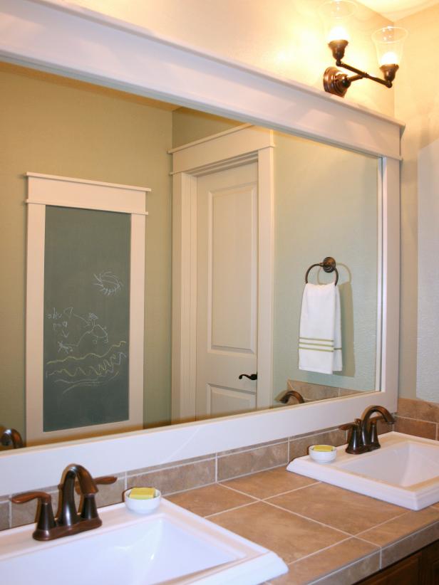 Bathroom with Large Mirror and Chalkboard