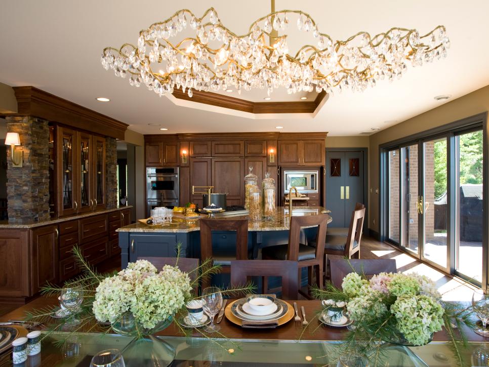 Kitchen With Large Island, Wood Cabinets and  Mirrored Tray Ceiling