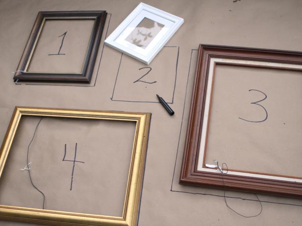 Trace each frame's dimensions onto paper using pencil or marker. Identify each frame by adding a piece of numbered painter's tape to the back.