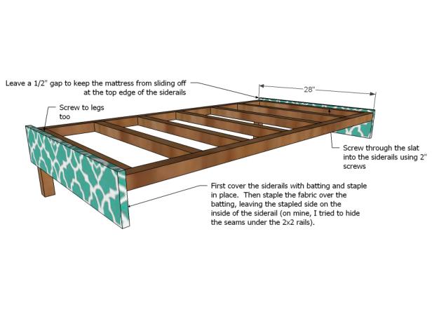 Glue upholstery batting to side and front rails with spray adhesive. Cover side rails with fabric and staple in place.