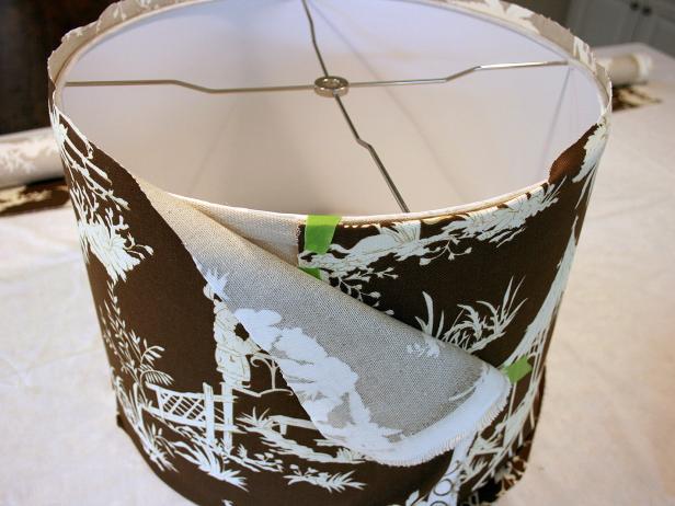 Wrapping Brown Patterned Fabric Around Lampshade
