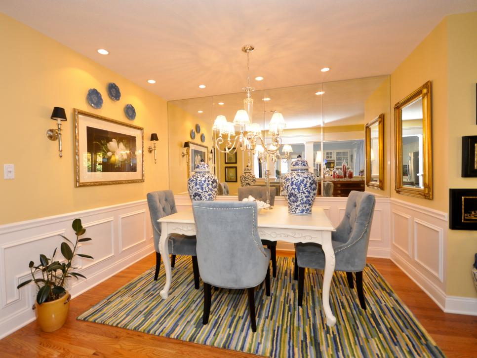 Transitional Yellow Dining Area With Blue Accents