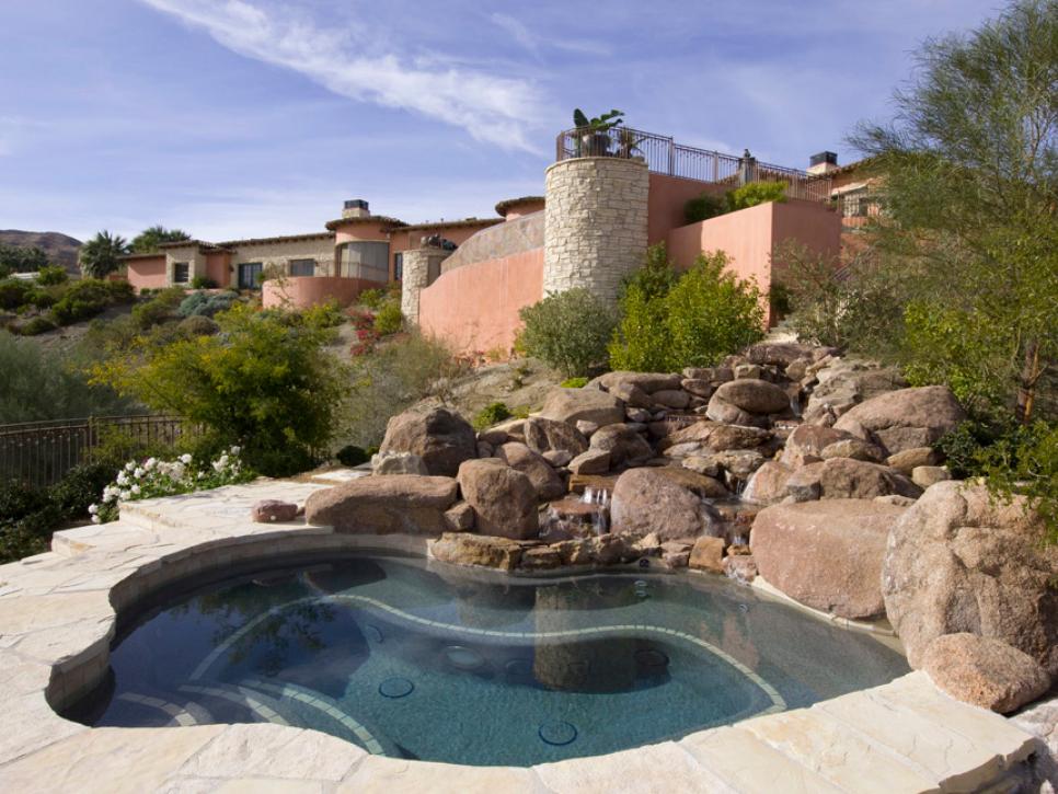 Lori Dennis Designed Outdoor Spa Features Stone Waterfall