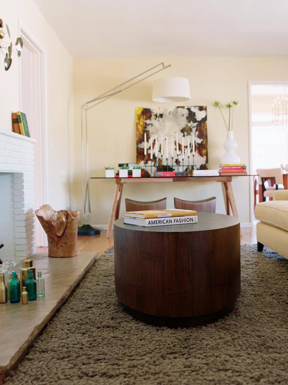 Eclectic White Living Room With Natural Feel Round Wood Coffee Table in Eclectic White Living Room