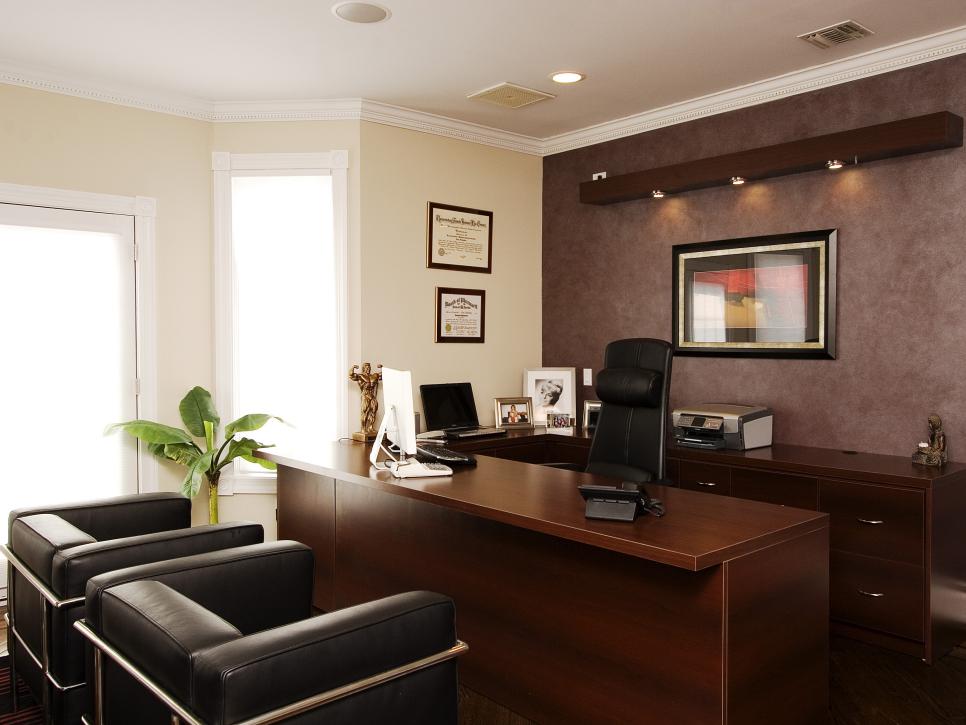 Contemporary Office With Wood Desk and Leather Chairs