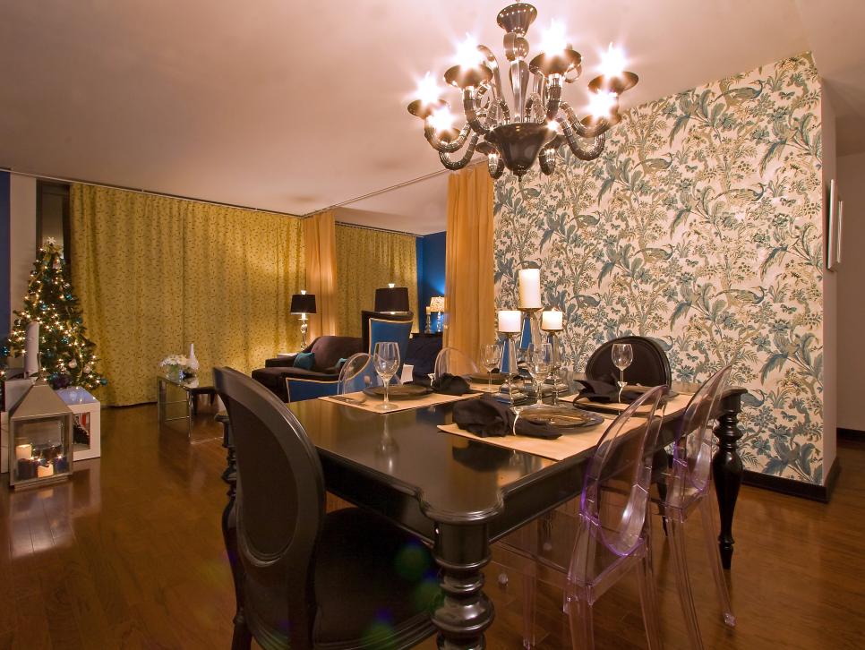 Dining Room With Floral Wallpaper and Chandelier 