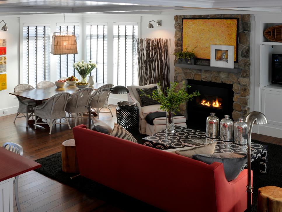 Living and Dining Area With Stone Fireplace 