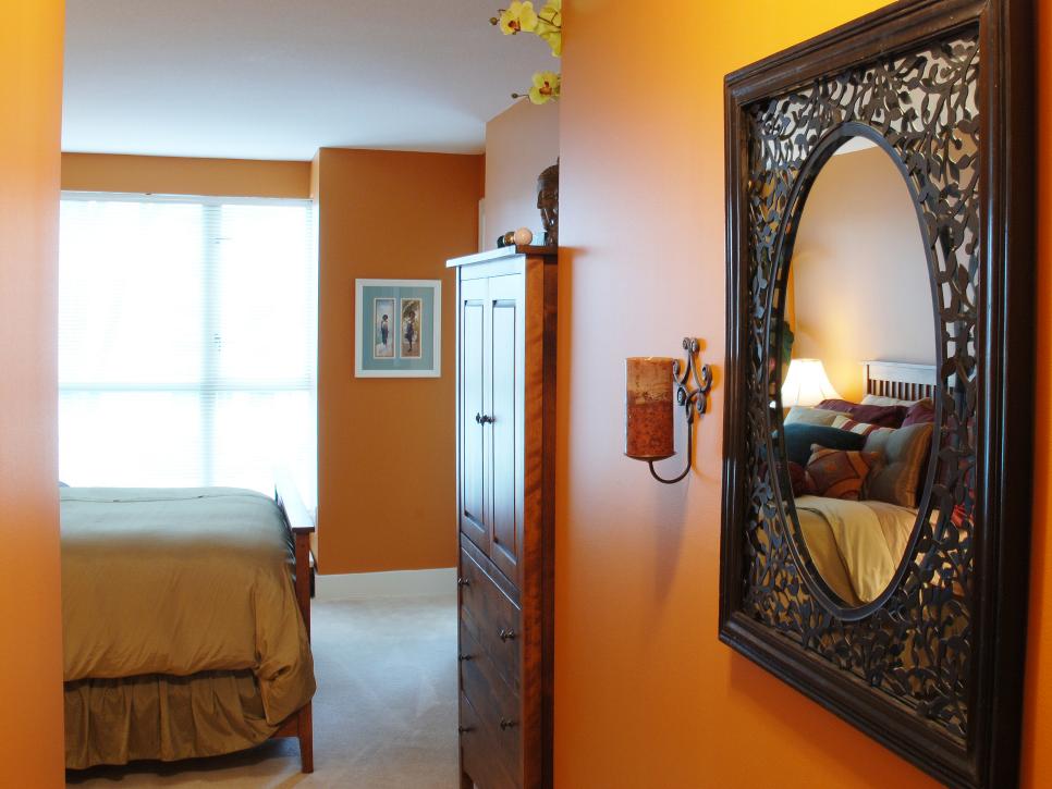 Iron Mirror With Leafy Pattern in Orange Bedroom Entry Hall