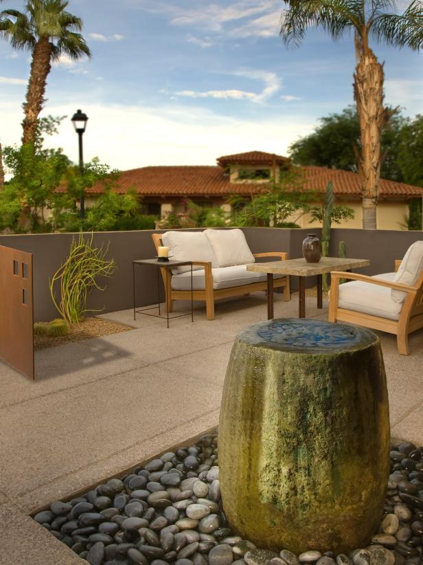 Modern Neutral Patio With Water Feature Modern Neutral Patio With Water Feature