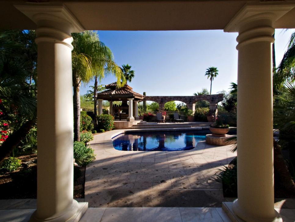 Pool With Red Tiled Gazebo, Palms & Colonnade