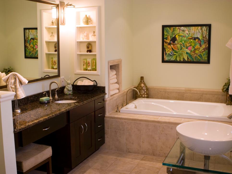Neutral Bathroom With Dark Wood Vanity & Neutral Bathtub Surround