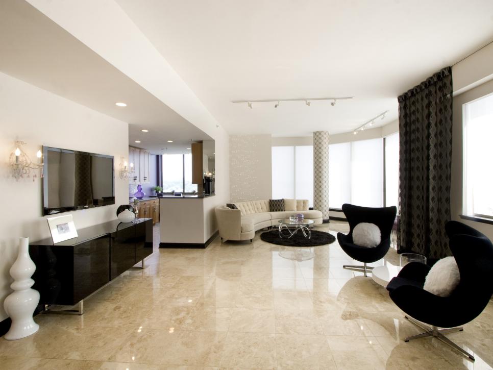 Black and White Living Room with Shiny Marble Floors