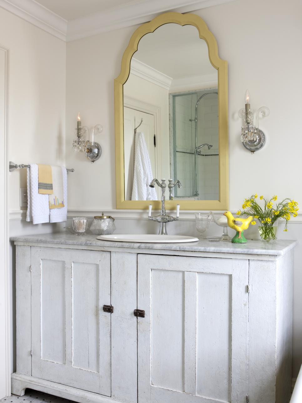 Traditional White Bathroom with Gray and Yellow Accents