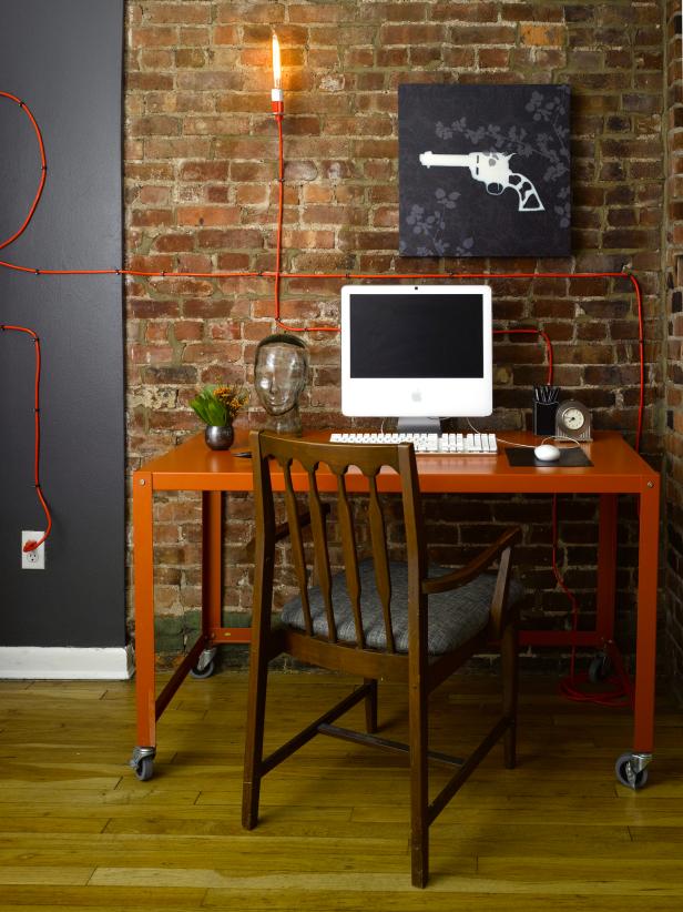 Modern Orange And Black Home Office With Exposed Brick Wall Modern Orange And Black Home Office With Exposed Brick Wall