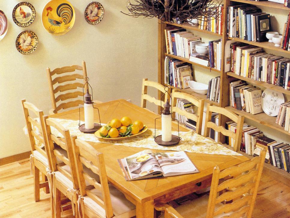 Book Shelves in Dining Room With Wooden Table 