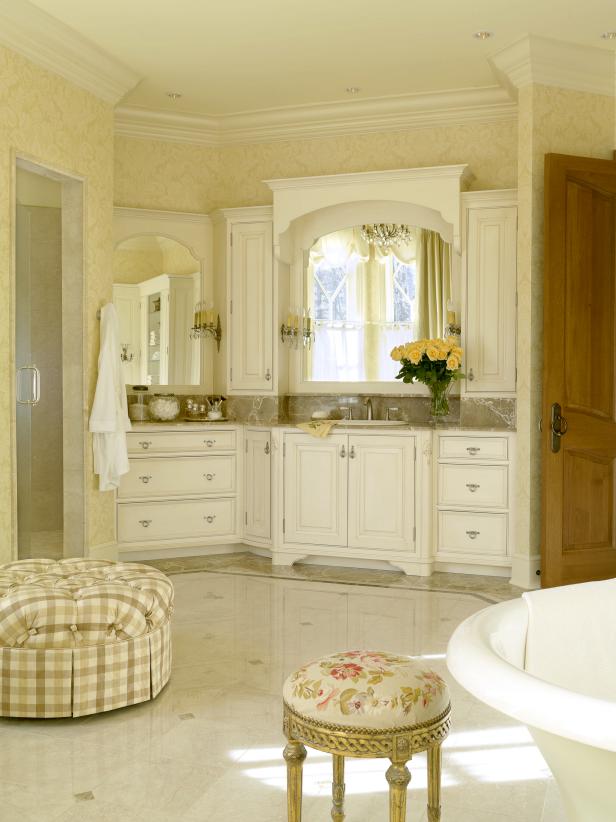 Bathroom With Yellow Patterned Wallpaper and Weathered White Vanity