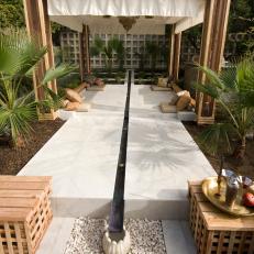 White and Neutral Pergola Outdoor Room With Water Feature