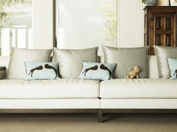Silk Sofa Highlighted by Bird Patterned Pillows Silk Sofa Highlighted by Bird Patterned Pillows