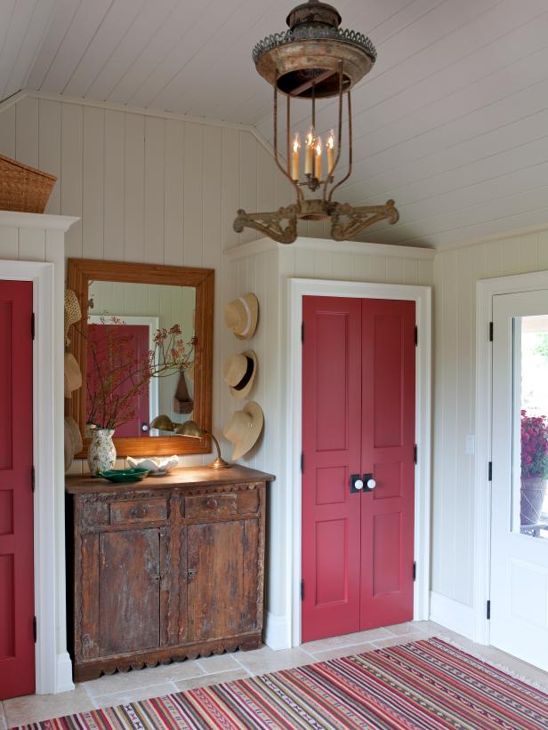 Cottage Mudroom With Cranberry-Red Closets Cottage Mudroom With Cranberry-Red Closets