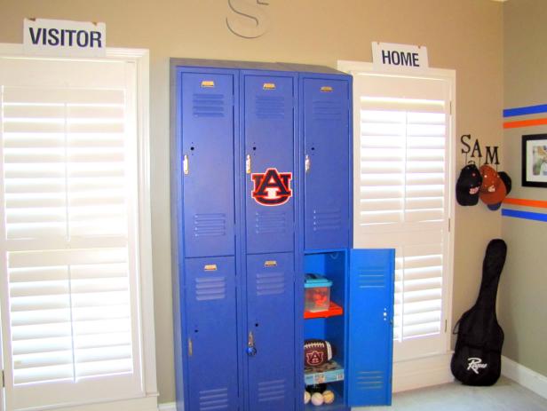 Kid's Sports-Themed Bedroom With Blue Locker Storage Kid's Sports-Themed Bedroom With Blue Locker Storage