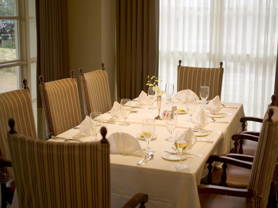 dining room with table cloths