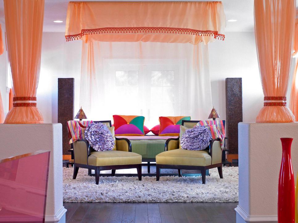 Bedroom with Peach and White Canopy Bed