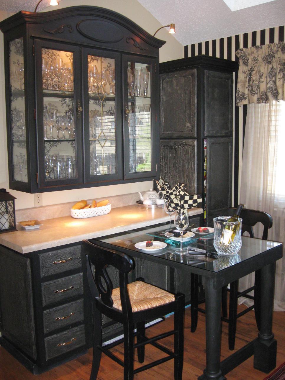French Country Breakfast Nook With Black Hutch & Toile Wallpaper
