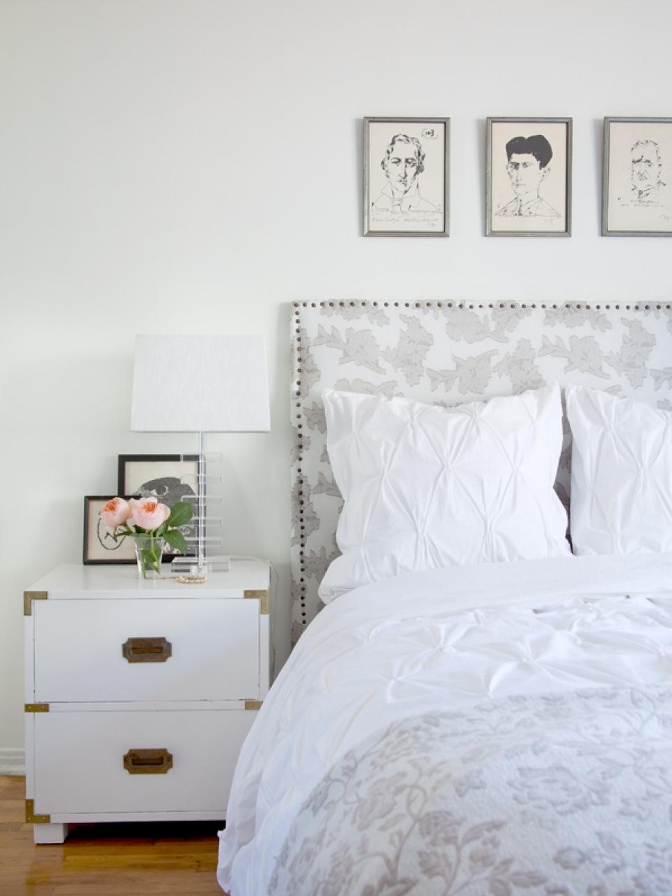 Gray & White Upholstered Headboard & White Nightstand