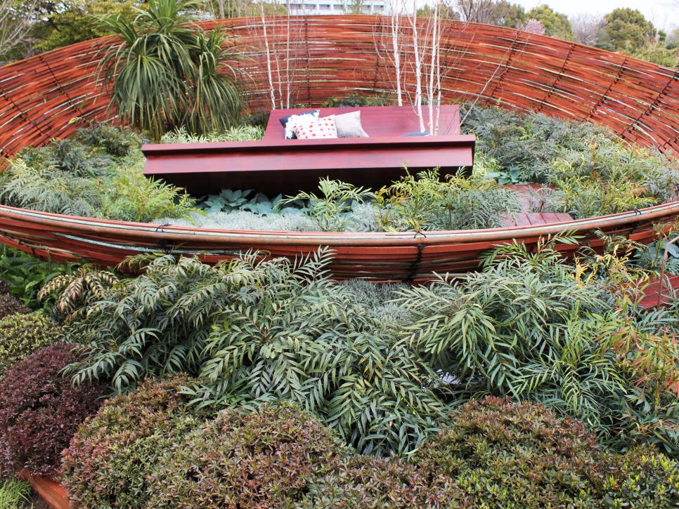 Garden of Shrubs and Grasses Inside Sculptural Woven Bowl
