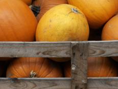 Pumpkins Piled in a Wooden Crate