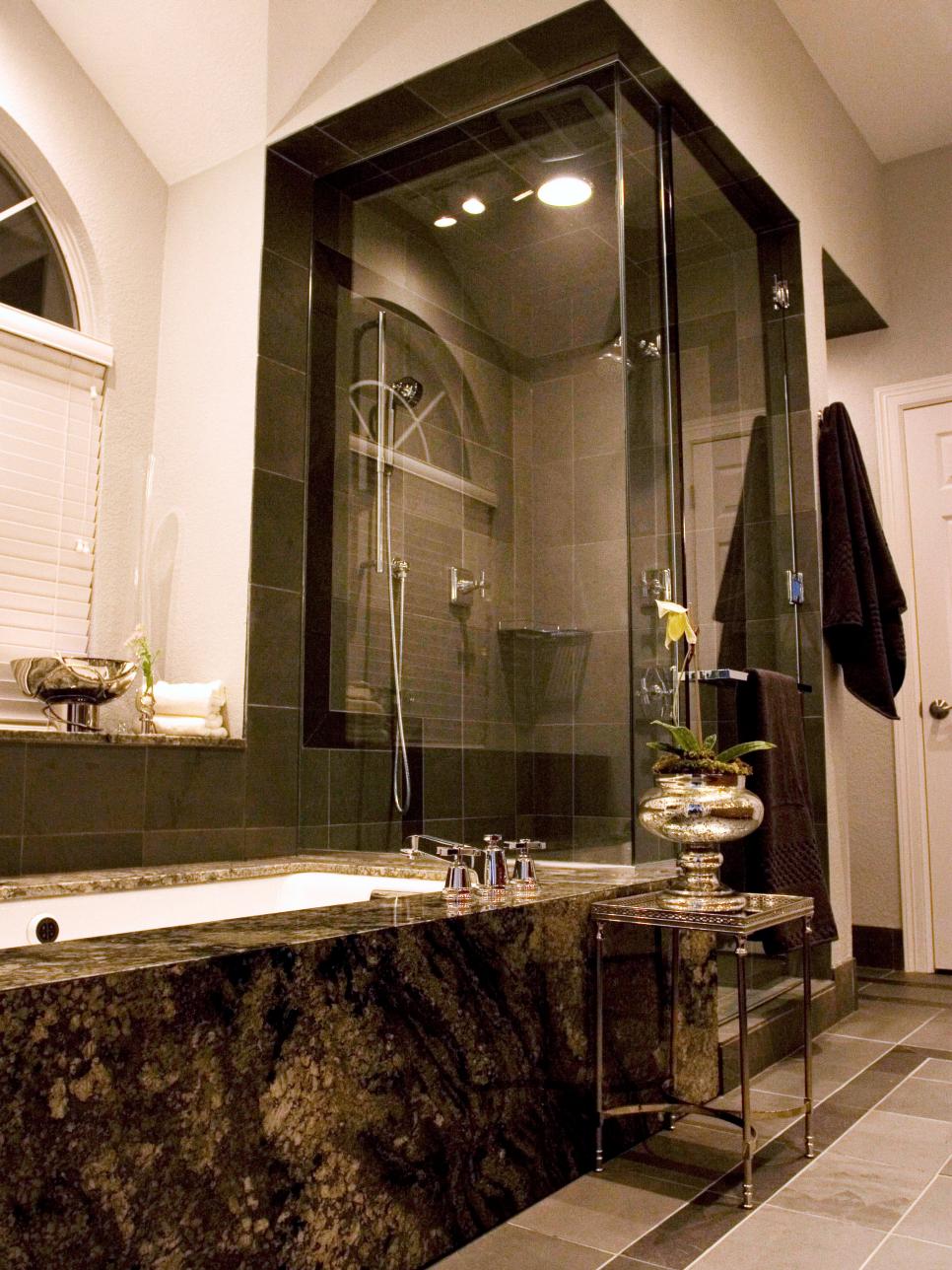 Black and White Bathroom With Dark Tile Shower