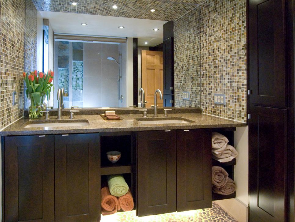 Mosaic Tile Bathroom Vanity Backsplash With Towel Storage 