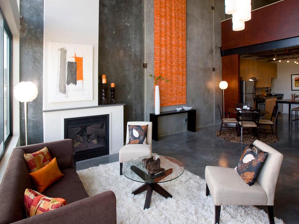 Orange and Gray Loft Living Room