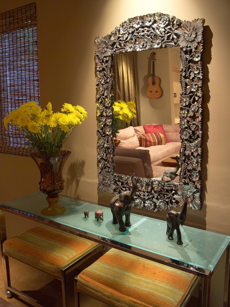 Elegant Mirror and Frosted Glass Table and Yellow Flowers
