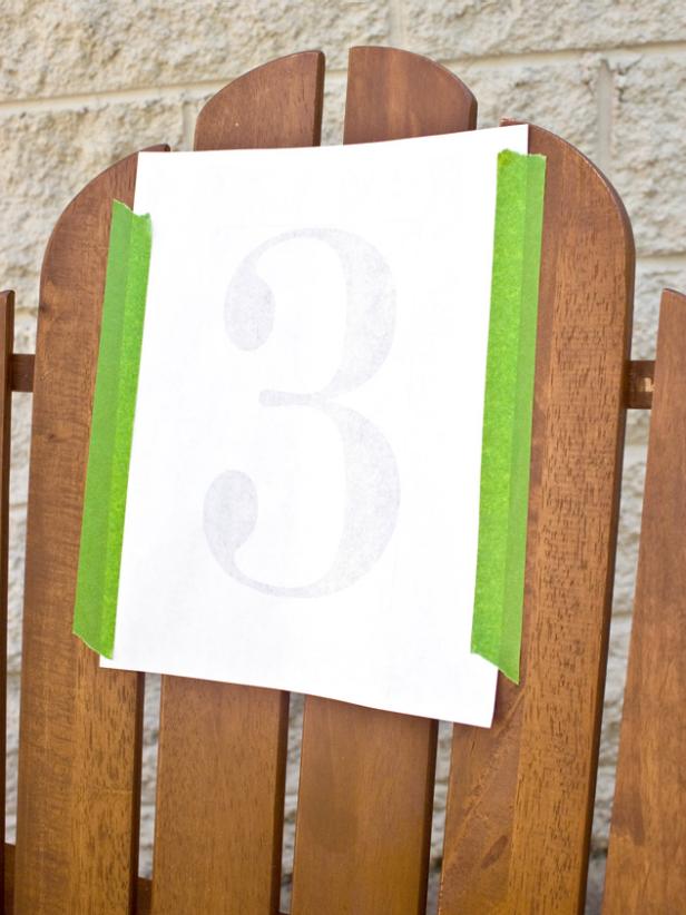 Add Number Stencil to Adirondack Chair Number Three Printout Taped to Back of Chair