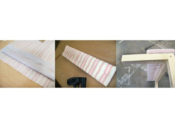 Screw through inside of frame into back side of upholstered rails to attach the side rails and front to bed frame.