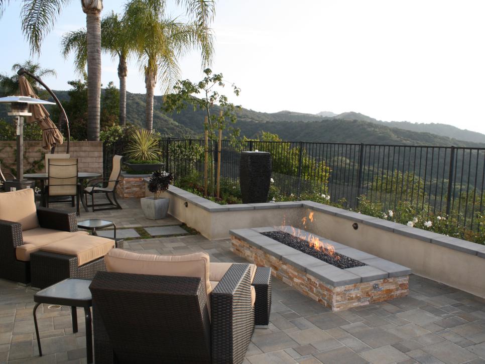Patio With Rectangular Fire Pit and Mountain View