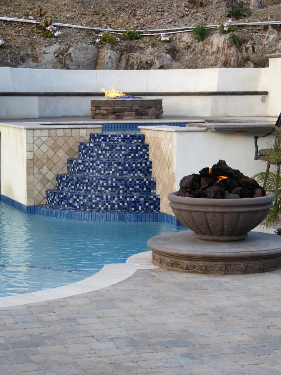 Pool With Blue Tile Stairs to Hot Tub and Stone Fire Pit