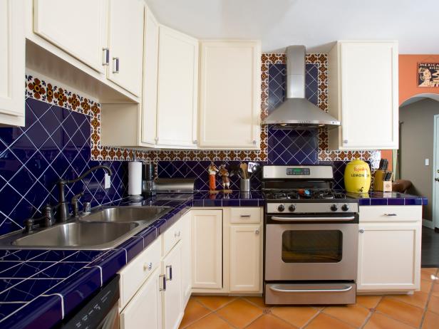 Traditional White Kitchen with Mediterranean Blue Tile Traditional White Kitchen with Mediterranean Blue Tile
