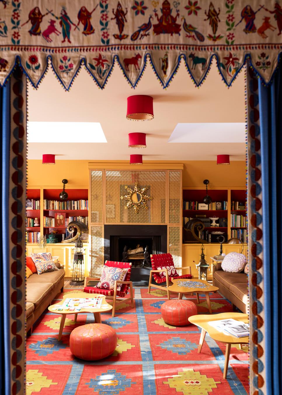 Yellow Living Room With Blue and Red Moroccan Rug