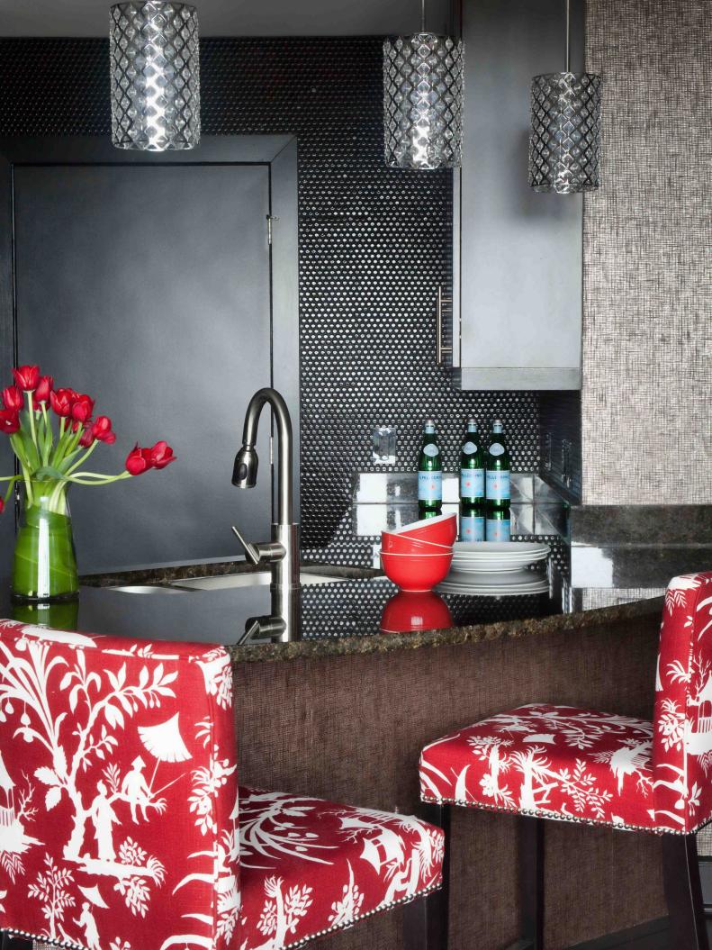 Red and White in Contemporary Black Kitchen 