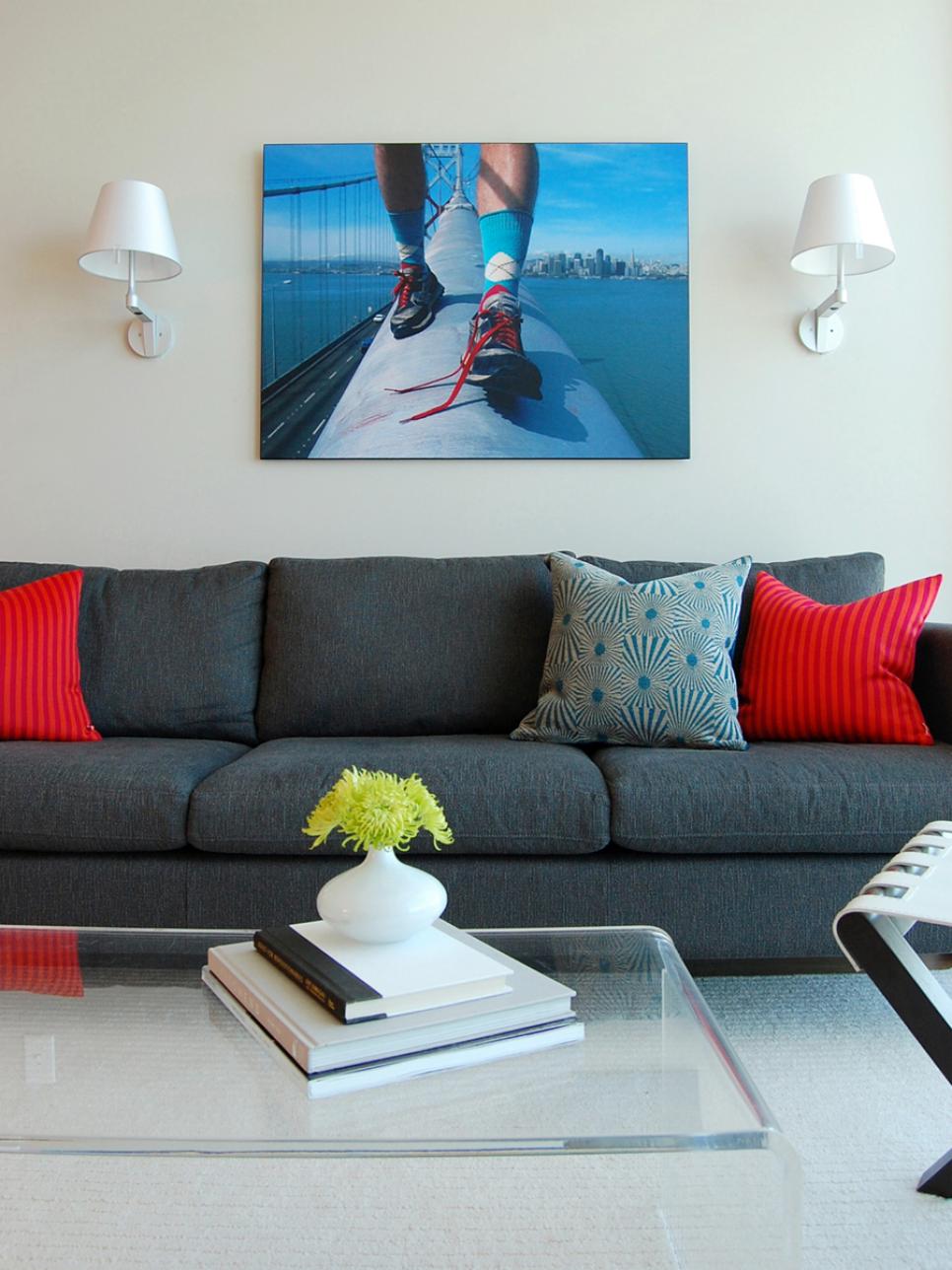 Contemporary Living Room With Lucite Coffee Table Neutral Living Room With Gray Couch
