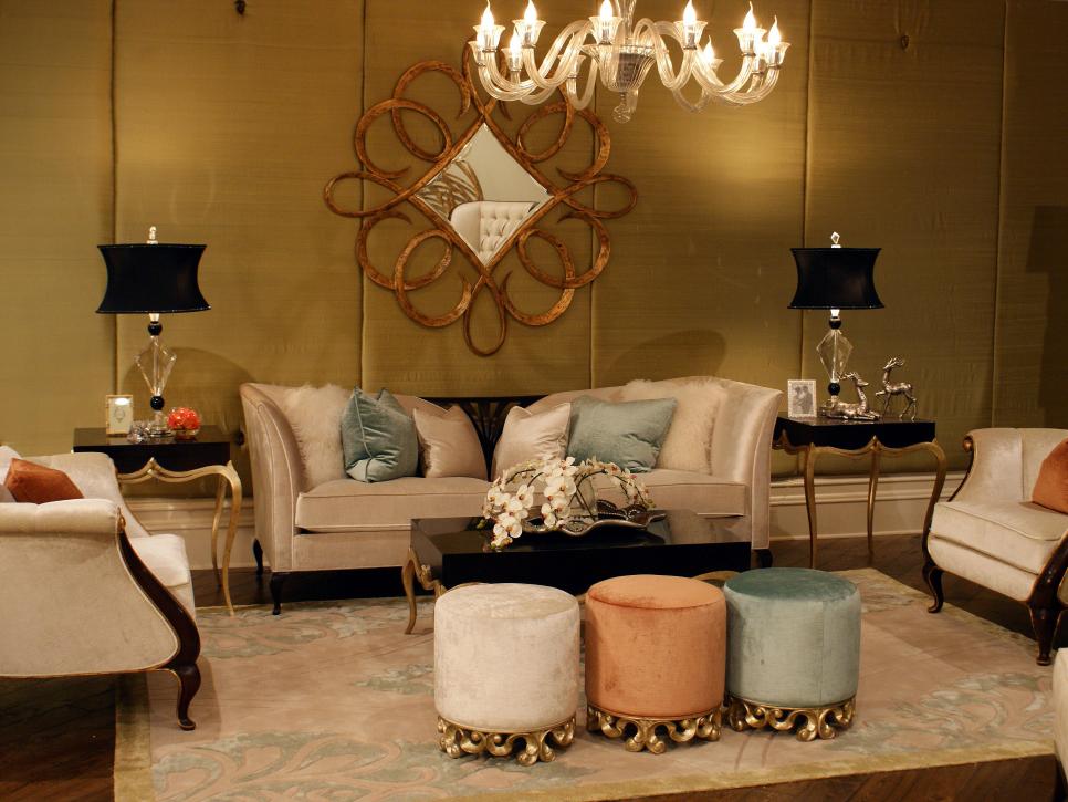 Traditional Gold Living Room With Silk Padded Wall and Muted Sofa

