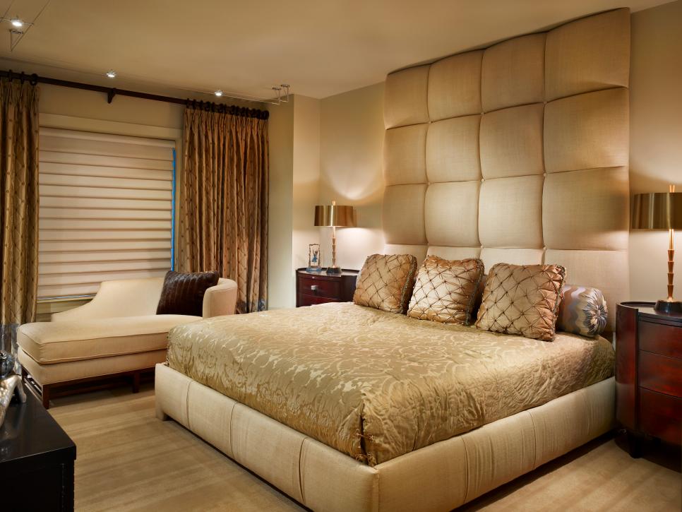 Transitional Gold Master Bedroom With Upholstered Headboard