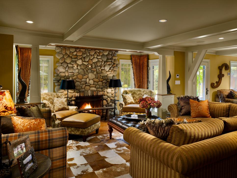 Lodge-Style Living Room With Stone Fireplace