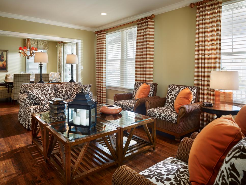 Neutral Living Room Furniture in Damask Fabric With Orange Accents