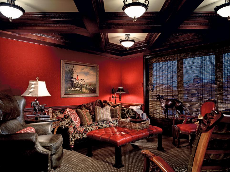 Red English Library With Coffered Ceiling and Leather Coffee Table