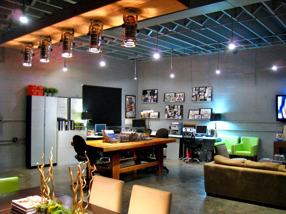 Industrial Gray Modern Loft Living Space With Home Office Work Area